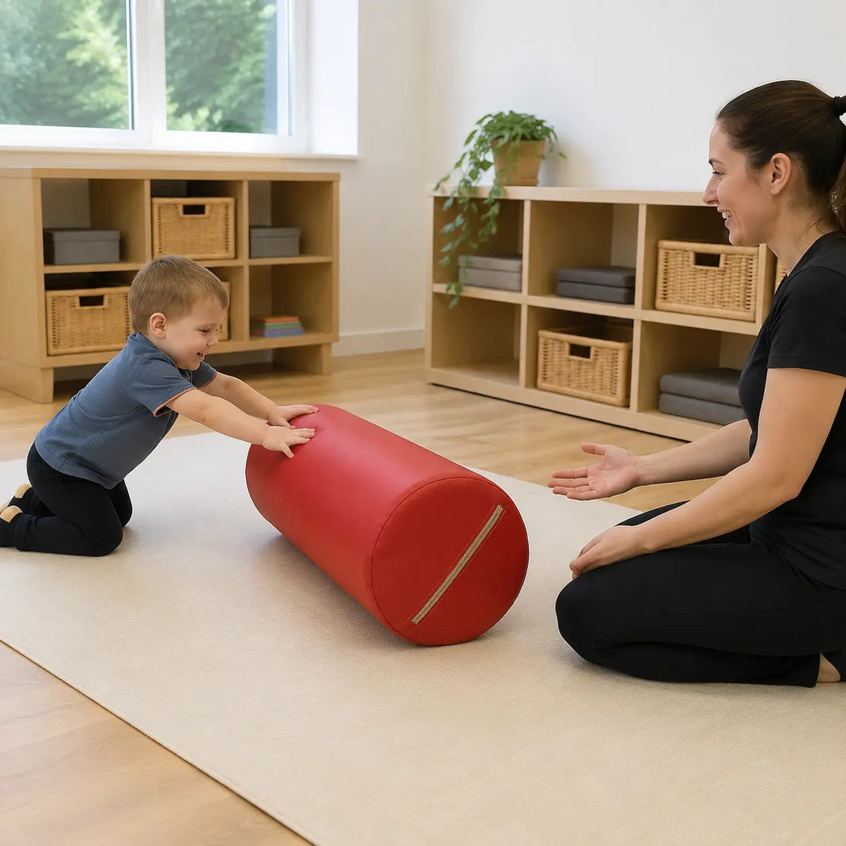 Physio Roll push and roll activity in a naturally lit early years nursery