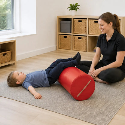 Physio Roll supervised leg stretch in a naturally lit early years nursery