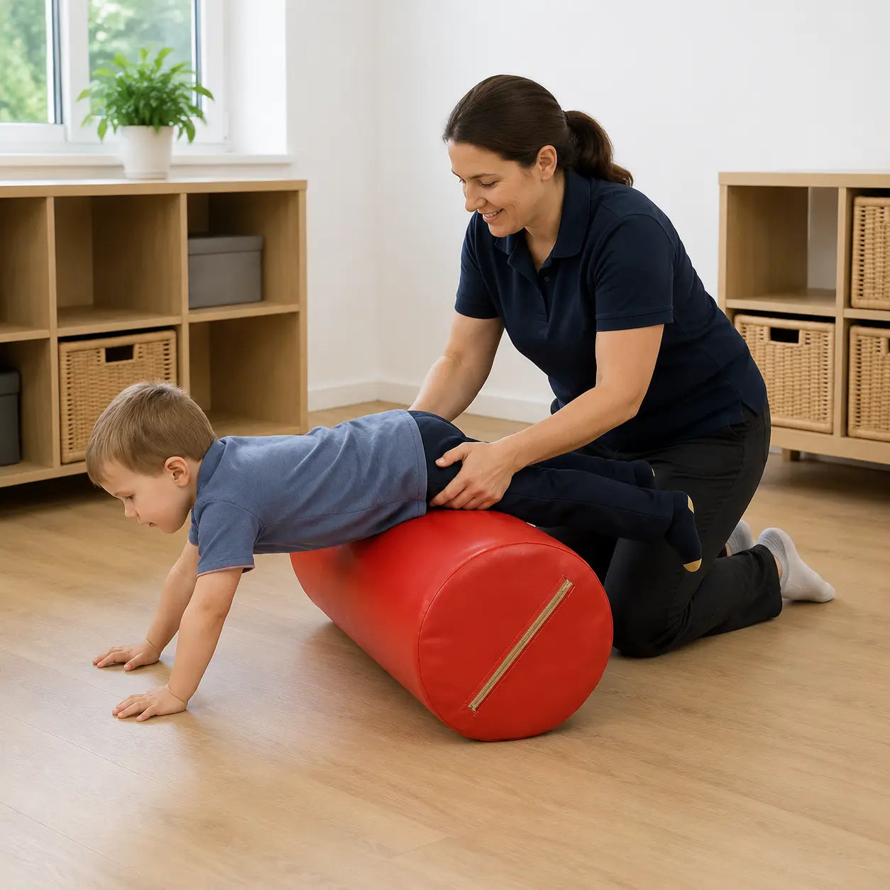 Physio Roll supported core exercise in a naturally lit early years nursery