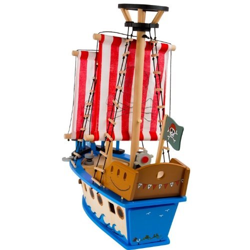Pirate Ship Jack, The "Jack" pirate ship is a captivating playset that promises endless hours of imaginative play. With its vivid, colorful design and meticulous detailing, this wooden ship is designed to be both visually appealing and engaging for children. Key Features: Striking Design: The colorfully striped sails and skull motifs set the tone for thrilling adventures on the high seas. Quality Construction: Made from lacquered and natural wood, the robust hull is built to withstand the rigorous play that