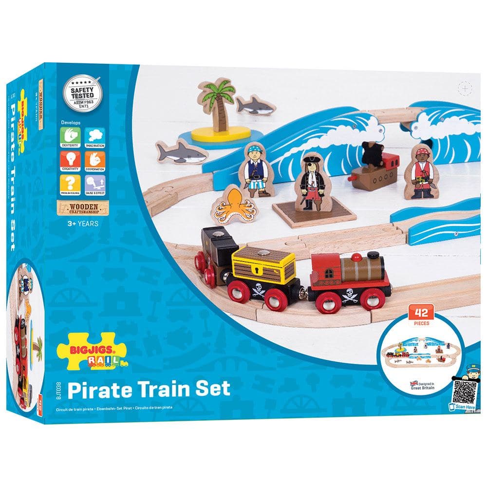 Pirate Train Set, Ahoy, me hearties! This Pirate Wooden Train Set is ready for your little one's swashbuckling adventure on the high seas! The pirate train includes two carriages carrying removable loads of a cannon and a treasure chest! Journey through the perilous landscape featuring bumpy track as you chug past stormy seas and a bridge to ride over the waves. Keep going past the desert island but beware of the shark and octopus-infested waters! Along the way, you'll meet shipwrecked pirates ready to stea