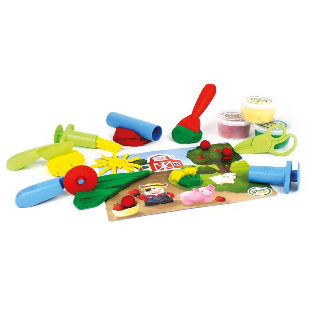 Play Mats and Tools Dough Set, The ideal dough making starter kit, this 11-piece set from Green Toys is perfect for young dough moulders and crafty kids who enjoy creative play sessions. It comes pack with 1 star extruder, 1 spaghetti extruder, 1 scraper, 1 knife, 1 roller, 1 rolling cutter, scissors, 1 two-sided activity card play mat, and 3 dough tubs. The play dough is safe and non-toxic, containing zero BPA, PVC, phthalates or external coatings. The play mat is made from 100% recycled plastic. Play Mats