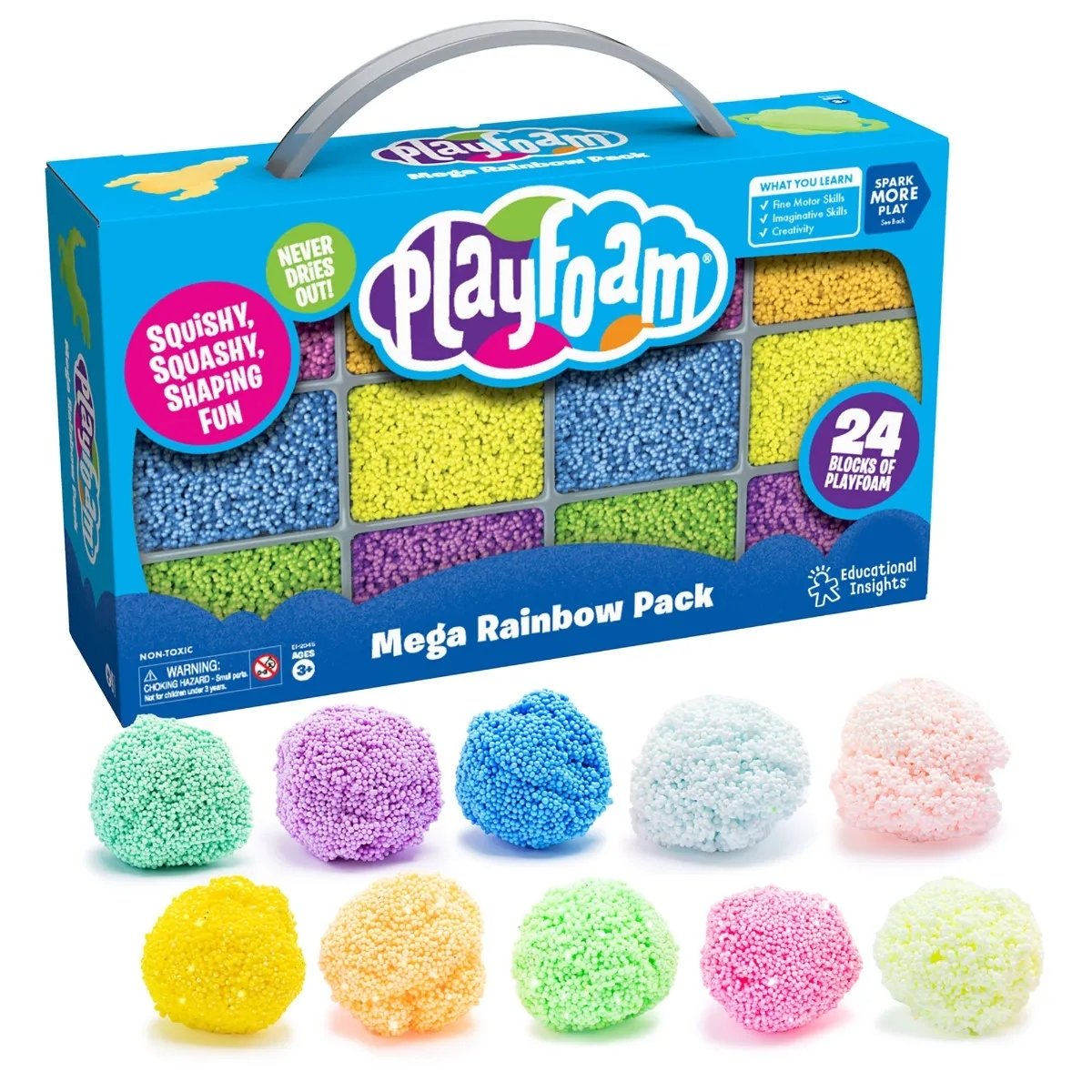 Playfoam Mega Rainbow Pack, Get even more creative with squishy, squashy, sensory-stimulating Playfoam in the biggest set weve made yet! The Playfoam Mega Rainbow Pack is ideal for creative play in a group setting, children can shape a heart, snowman, flower, and anything else that they can imagine. Playfoam never dries out so the squishing, sculpting, shaping fun never ends. Tactile Playfoam is also ideal for sensory bins. Give kids the sensory experience they can feel with the Playfoam Mega Rainbow pack! 