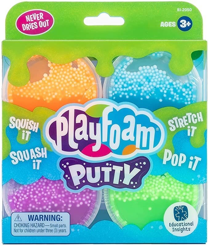 Playfoam Putty 4-Pack, Mould, stretch and squeeze this uniquely textured kids Playfoam Putty and hear it make satisfying crackling sounds with every squish.This fun sensory Playfoam Putty 4-Pack combines the squishability of award-winning Playfoam ® with stretch of putty for a fun multi-sensory creative play experience. The Playfoam Putty 4-Pack contains 4 cool neon colours and because child-friendly Playfoam never dries out, the squishing, crackling fun never ends! It’s the Playfoam pack that combines with