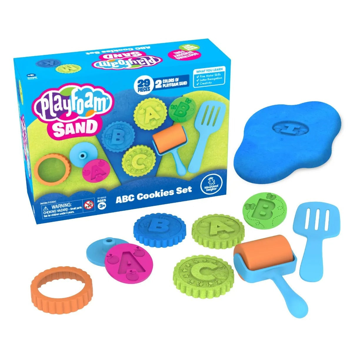 Playfoam® Sand Abc Cookies Set, Roll, stamp, and serve your way to learning the alphabet with Playfoam Sand ABC Cookies. This tactile cookie play set includes a cookie cutter, handy roller, spatula, and 26 letter stamps, each with an image of an object that begins with that letter sound. As children squash and shape their Playfoam Sand they build alphabet recognition skills. Soft, colourful Playfoam Sand behaves like modelling clay and holds its shape when children mould and shape it and feels like dry sand