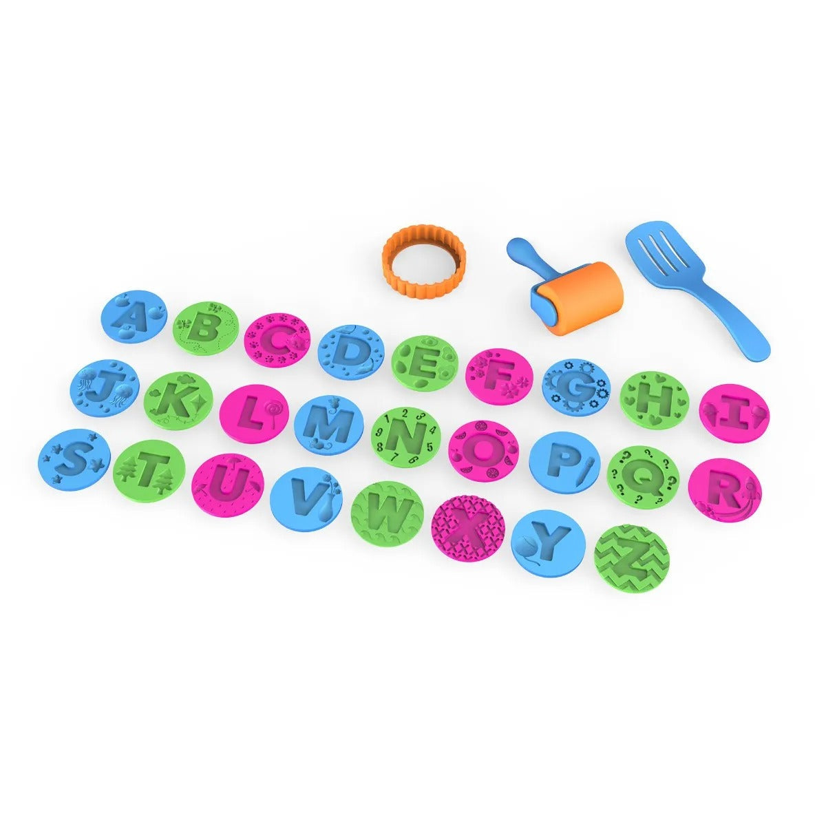 Playfoam® Sand Abc Cookies Set, Roll, stamp, and serve your way to learning the alphabet with Playfoam Sand ABC Cookies. This tactile cookie play set includes a cookie cutter, handy roller, spatula, and 26 letter stamps, each with an image of an object that begins with that letter sound. As children squash and shape their Playfoam Sand they build alphabet recognition skills. Soft, colourful Playfoam Sand behaves like modelling clay and holds its shape when children mould and shape it and feels like dry sand