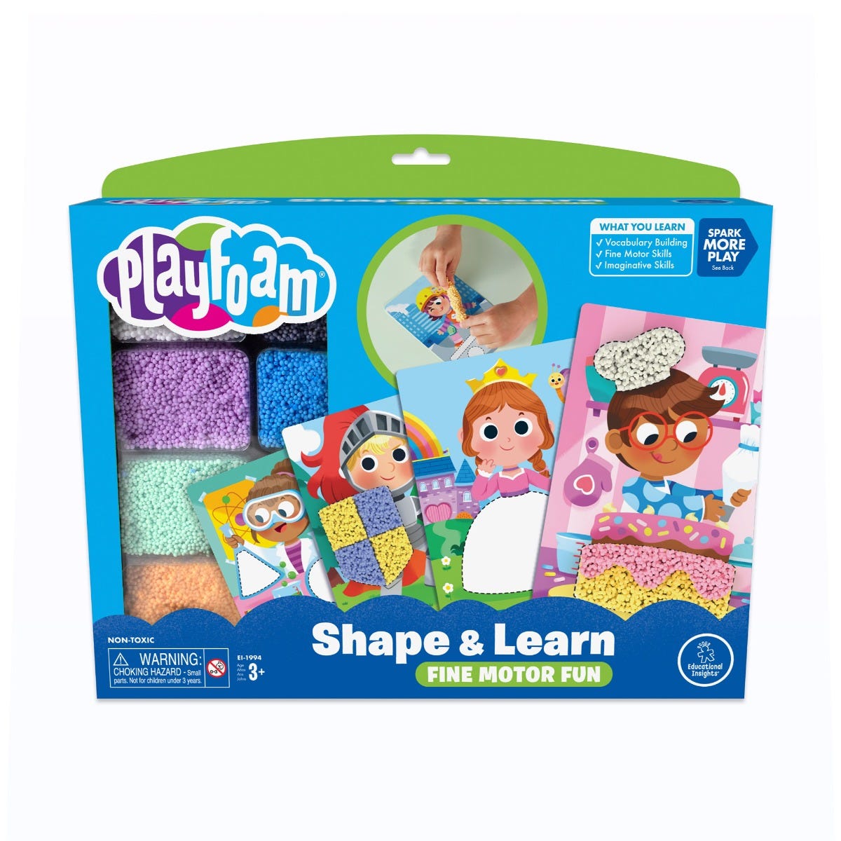 Playfoam® Shape & Learn Fine Motor Fun, As children use squishy, squashy Playfoam to fill in the colourful character cards included in this creative play activity set, they build fine motor skills through fun play. Children can add 3D clothing, accessories, and other props to the colouring book style pictures. They can also sculpt Playfoam into their own custom creations. Best of all is Playfoam never dries out, so the creative shaping fun never ends! Includes 8 bricks of Playfoam and 13 reusable, double-si