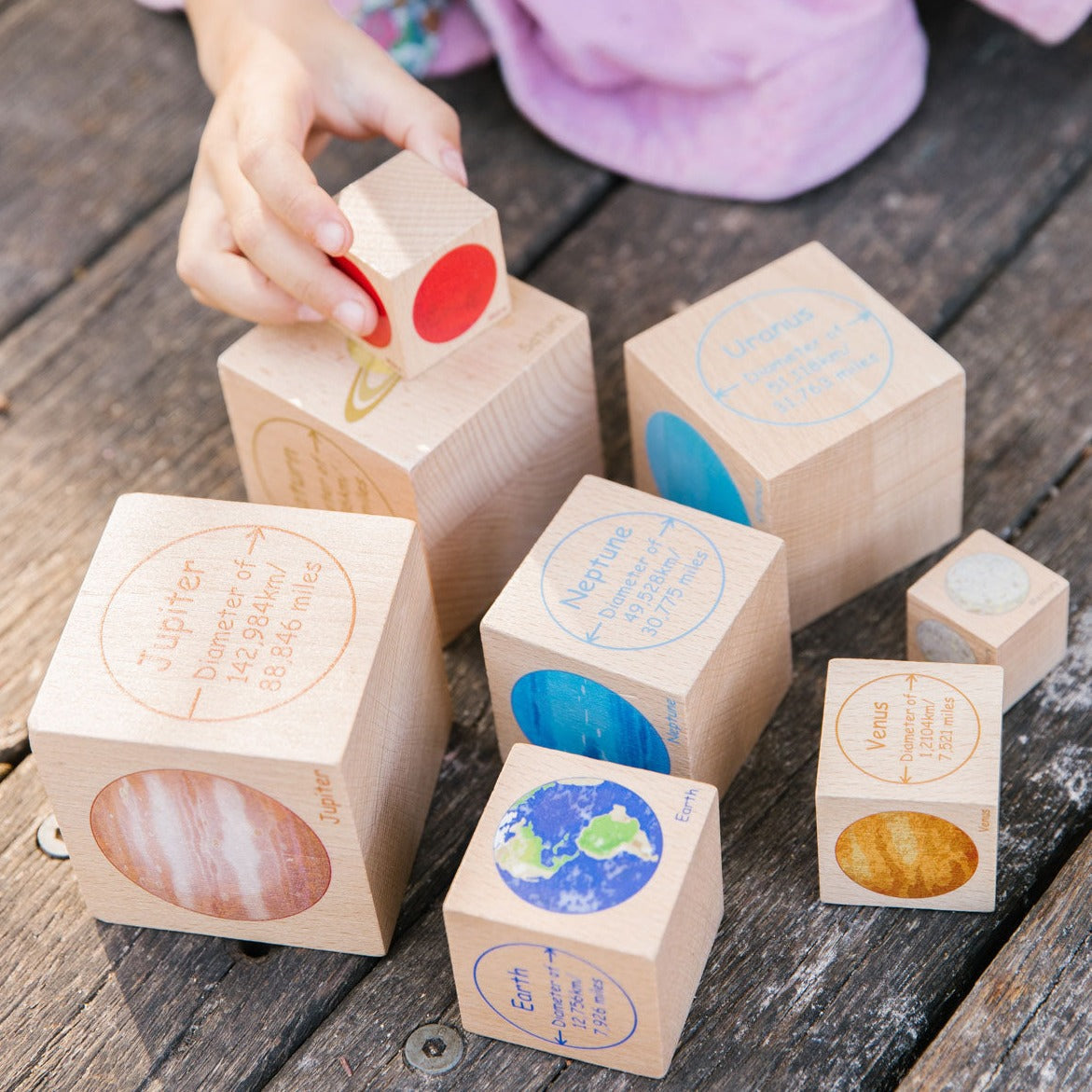 Playing with Planets, Take learning to a new level with this set of beautifully illustrated blocks that will take your little one on a journey through outer space. With eight blocks, one for each planet in our solar system, children can explore the size and distance of each planet from the Earth. The diameter of each planet is displayed on the blocks, aiding in the understanding of size ratios and distance in space. Stacking the blocks is not only fun, but also helps develop their fine motor and cognitive s