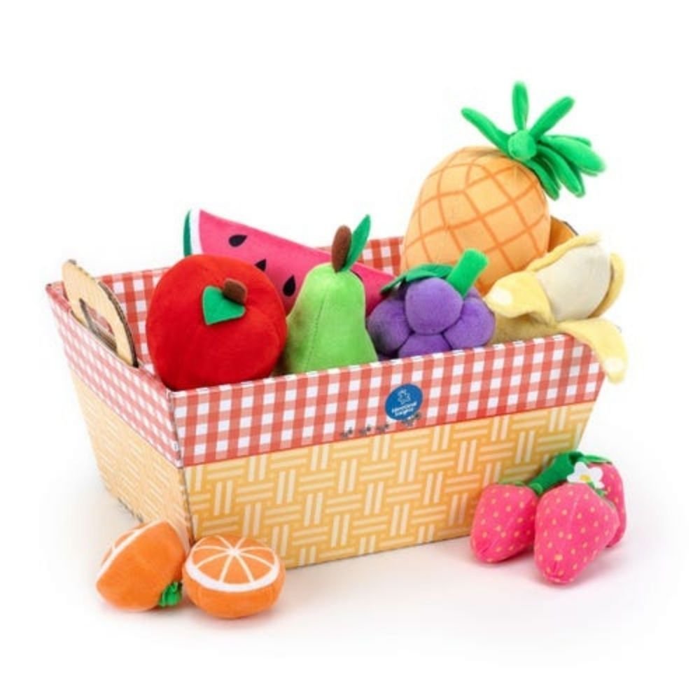 Plush Fruit Basket Pack of 11, Curious children pick pretend play fruits including strawberries, orange halves, a pineapple, watermelon, pear, apple, banana, and a bunch of grapes. When playing with the Plush Fruit Basket Pack, they’re also picking up on important skills like imagination, speech development, and social interaction as they play. The Plush Fruit Basket Pack is the perfect pretend kitchen accessories, our Fruit Basket includes a parent activity guide full of fun together-time activity ideas. T