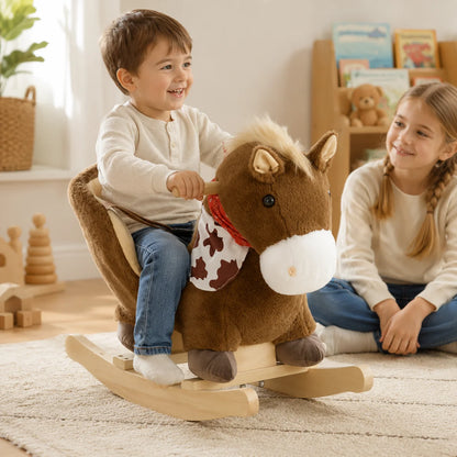 Plush Rocking Horse with Safety Harness and Sound – Brown-Plush Rocking Horse with Safety Harness and Sound – Brown