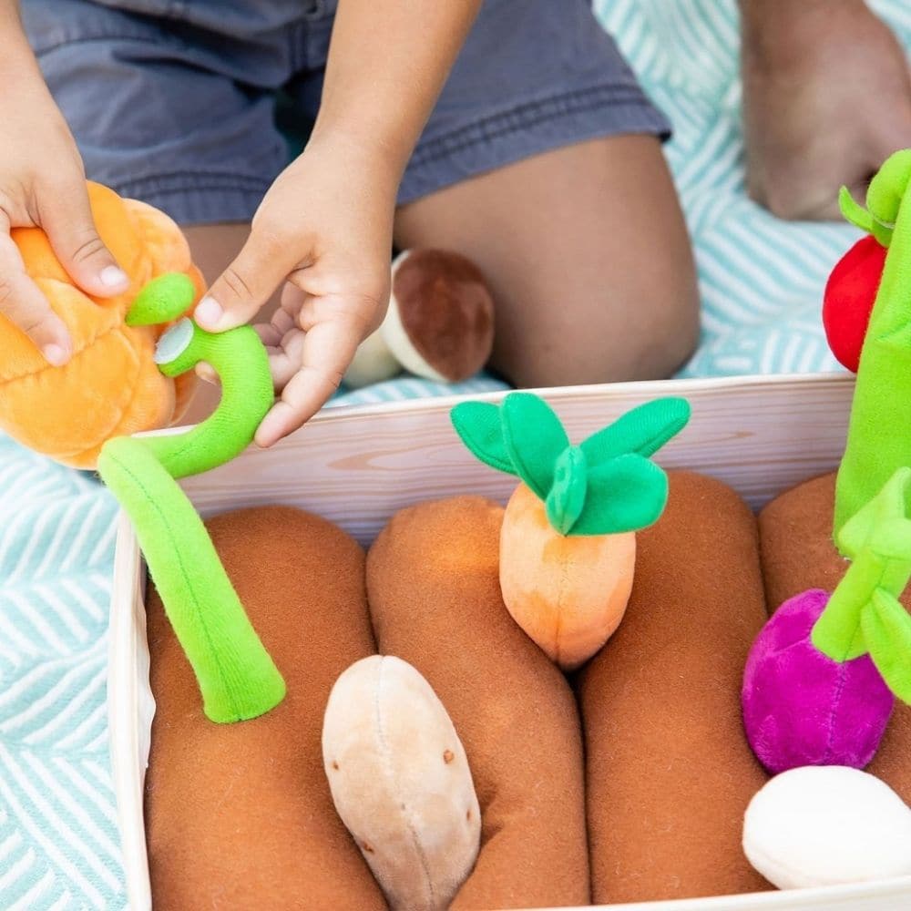 Plush Vegetable Garden Basket pk 8, Learning Resources Vegetable Garden is ideal for pretend play and early learning. Sow the seeds of learning and fun while curious children pick pretend play foods including a carrot, potato, beet, pumpkin, two tomatoes, and two mushrooms from four pretend soil rows. They’re also picking up on important skills like speech development, social interaction, sorting, and matching as they play. The perfect pretend kitchen accessories, our Vegetable Garden includes a parent acti