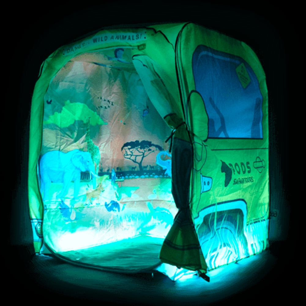 PODSpop Sunset Savannah, Get ready to embark on an exciting safari adventure with the all-new Sunset Savanna Safari Pop-Up Tent! This amazing play tent is designed to ignite the imagination of children and provide them with hours of fun and adventure. This futuristic tent features a stunning "Sunset Savanna Safari" theme that is sure to capture the hearts of kids everywhere. But what makes this tent truly special is its ability to change themes easily, allowing children to experience different adventures ov