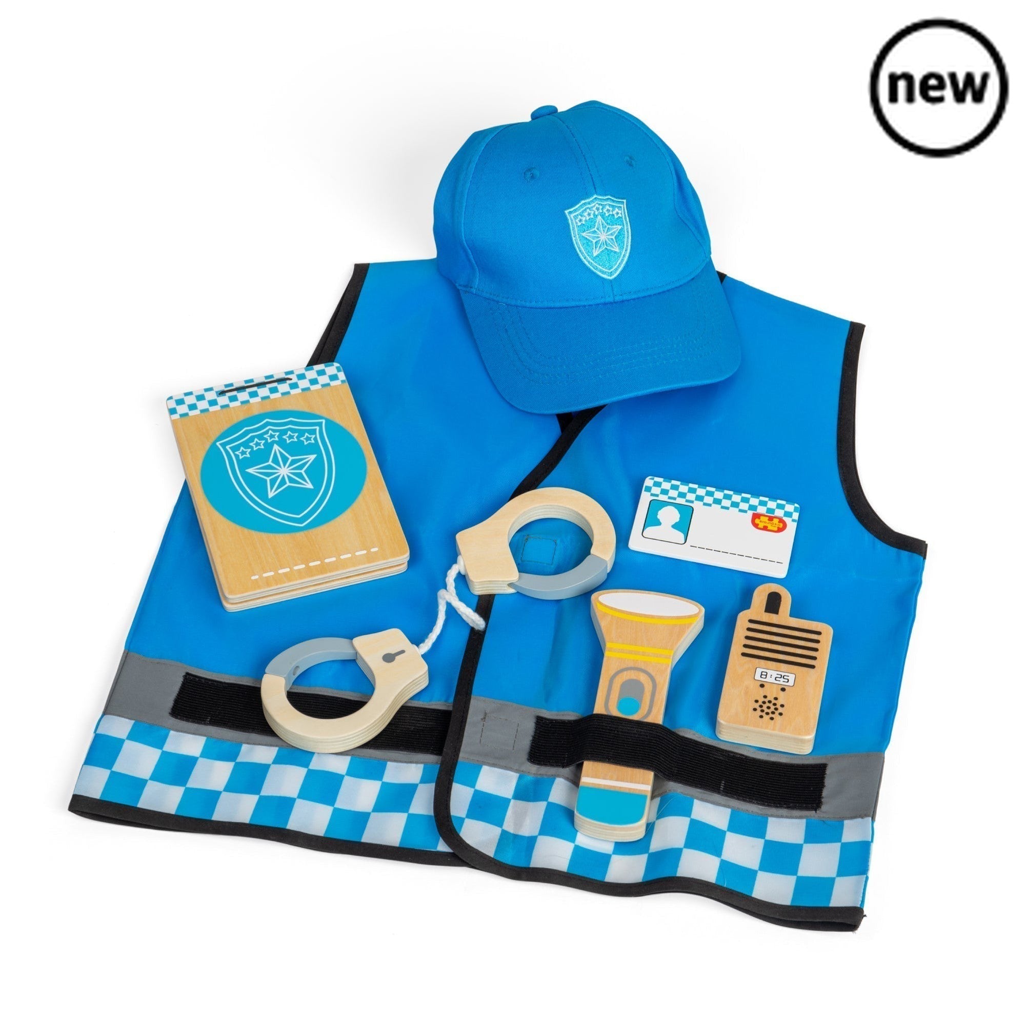 Police Dress Up Costume, Stop, Police! You’re under arrest! Save the public from the baddies with this fun Police Kids Fancy Dress Costume. Our police officer dress up set comes with a blue police officer vest, baseball cap, wooden walkie talkie, ID badge, ID wallet, a torch and hand cuffs. Our kids dress up costumes are suitable for ages 3-5 years. Jacket measures 40.5cm W x 44cm H. Adjustable hat measures 48cm-57cm. Dress up products have been tested to the latest EN71 & REACH regulations. Police Dress Up