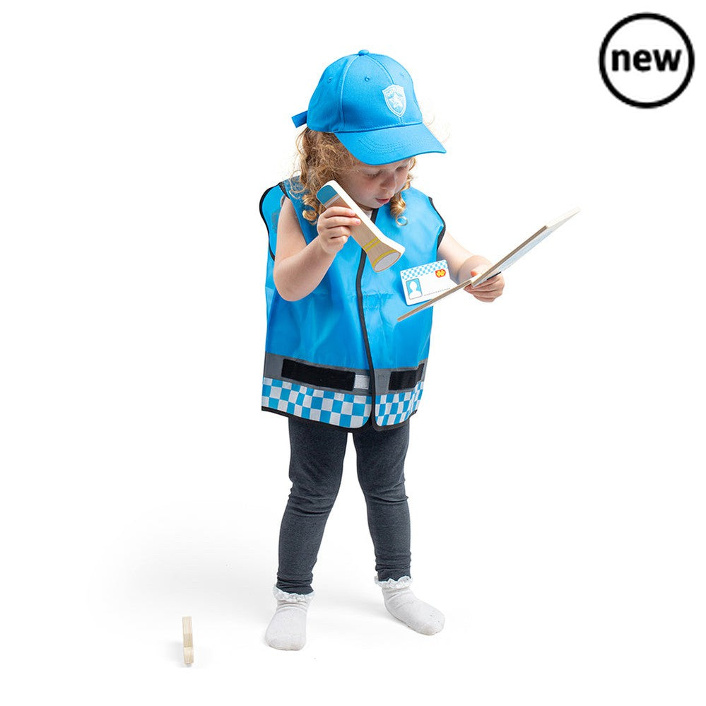 Police Dress Up Costume, Stop, Police! You’re under arrest! Save the public from the baddies with this fun Police Kids Fancy Dress Costume. Our police officer dress up set comes with a blue police officer vest, baseball cap, wooden walkie talkie, ID badge, ID wallet, a torch and hand cuffs. Our kids dress up costumes are suitable for ages 3-5 years. Jacket measures 40.5cm W x 44cm H. Adjustable hat measures 48cm-57cm. Dress up products have been tested to the latest EN71 & REACH regulations. Police Dress Up