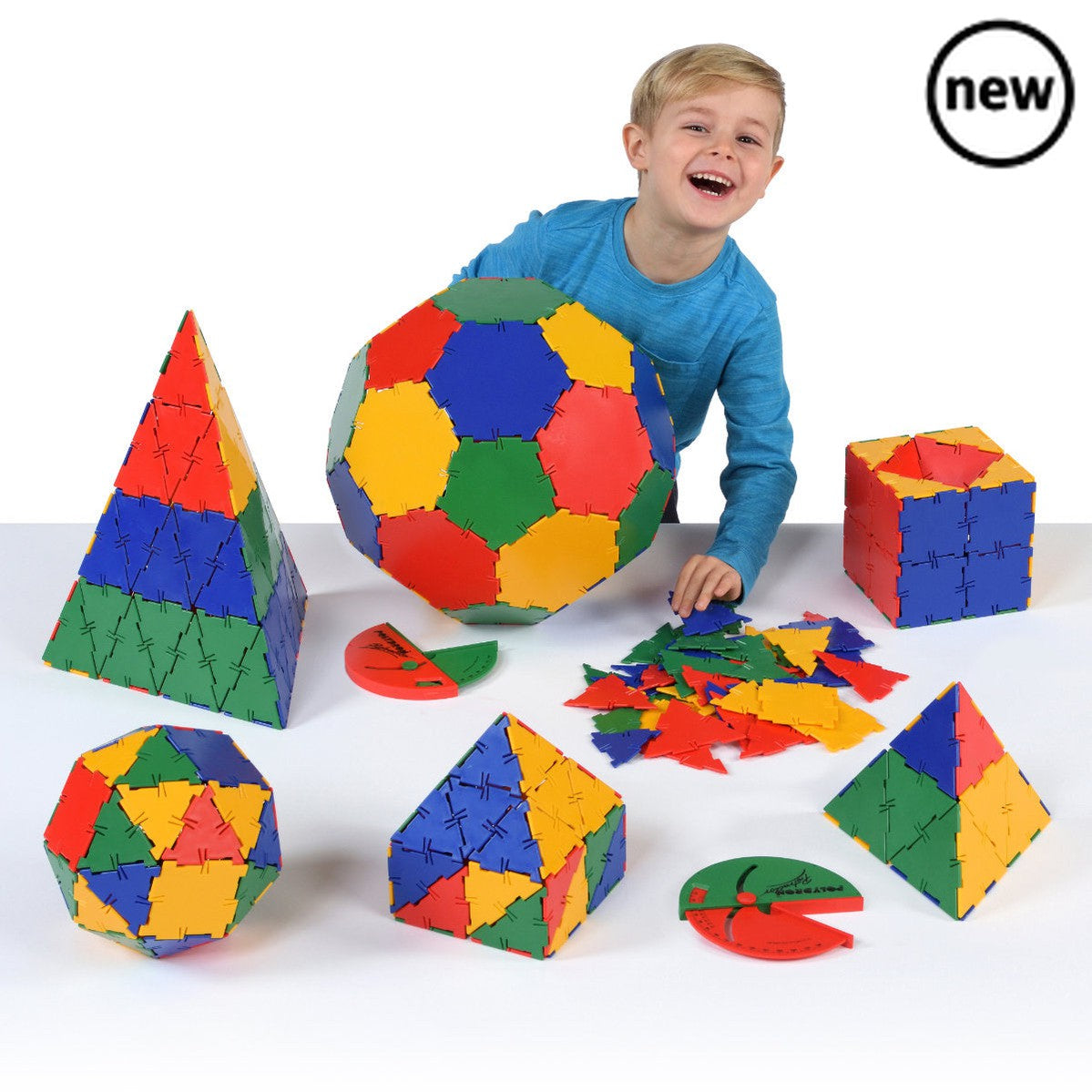 Polydron School Geometry Set, The Polydron School Geometry Set is the ultimate resource for teaching shape and space, 2D and 3D geometry, and design and technology in primary schools. This complete classroom set contains over 400 pieces of different mathematical shapes including squares, triangles, pentagons, hexagons, right angle triangles, isosceles triangles, large equilateral triangles, rectangles and octagons.Supplied in four vibrant colours, this set is designed to be used in conjunction with the 'Pri