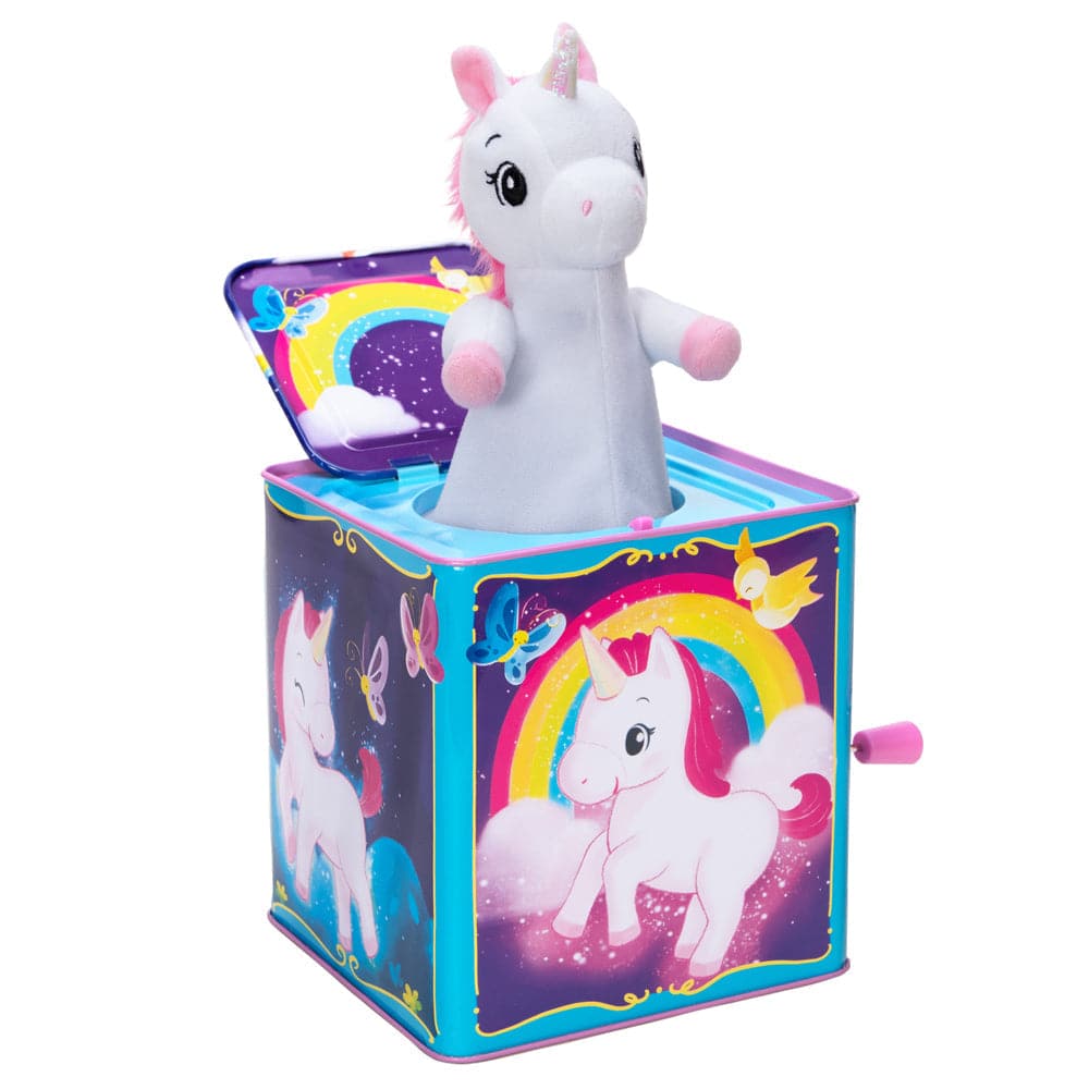 Pop & Glow Unicorn Jack In The Box, Bring your child’s unicorn dreams to life with this funky Jack in the Box. Schylling’s Unicorn Jack in the Box Toy shines bright and has an array of rainbow colours that glow from its belly. Has a lovely “Twinkle Twinkle Little Star” tune. A special music box, it’s perfect for bedroom or nursery decor or sitting proudly on top of the toy box. This unique unicorn toy makes bedroom even more magical for little dreamers and unicorn lovers. Made from tin, this delightful Unic