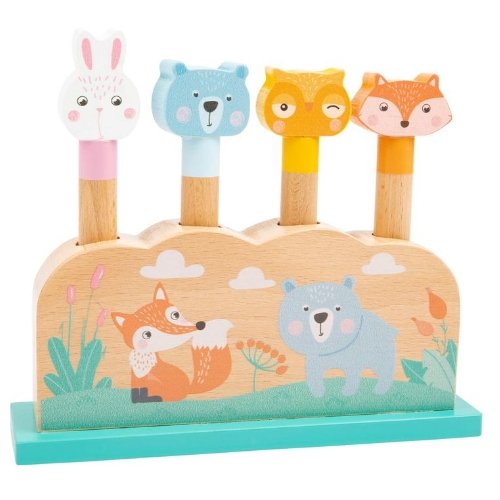 Pop Up Forest animals, Who's jumping around there? This cute wooden shape-fitting game comes in trendy pastel colours. The adorable forest animals made of robust wood are to be inserted into the openings. Since the holes are equipped with springs, the little animals "jump" quickly back out. An exciting wooden toy that trains motor skills and brings playtime fun into the nursery. 🌳 Whimsical Design: Our Pop Up Forest Animals toy is delightfully crafted with trendy pastel hues, ensuring that it's not just fun