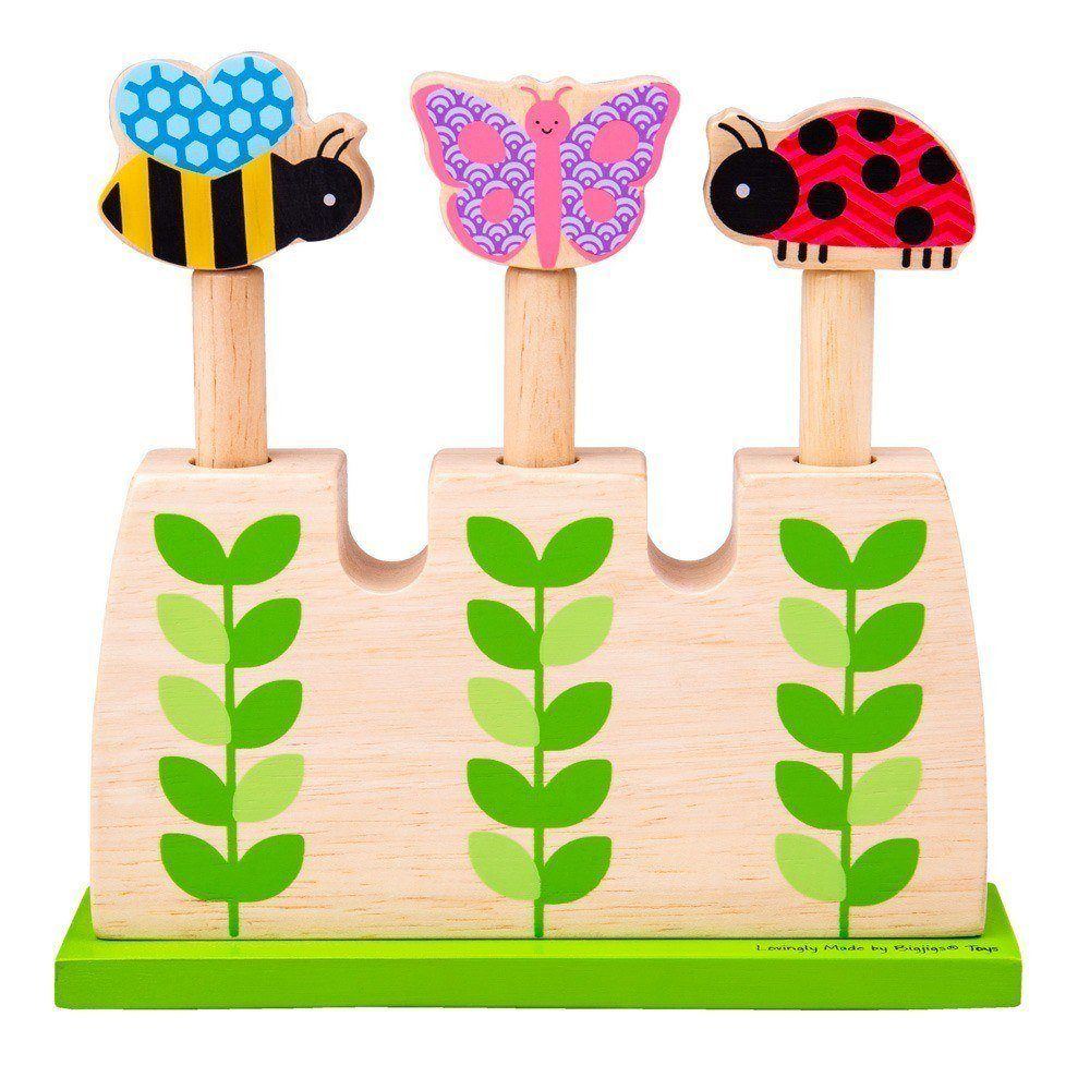 Pop Up Garden Bugs, Watch the adorable wooden bugs 'pop' up from the garden plants! This amusing toy will see youngsters entertained for hours, as they insert the bugs into the slots and then watch them jump out. A thrilling way for children to develop hand-eye coordination and dexterity.The Pop Up Garden Bugs toy is made from high quality, responsibly sourced materials. Conforms to current European safety standards. Age 12+ months. A delightful toy that encourages hand eye coordination and animal and colou
