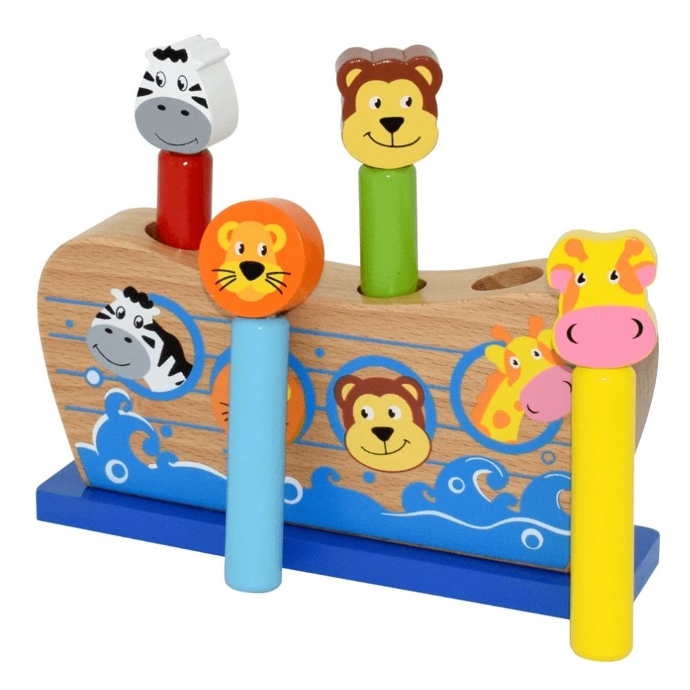 Pop Up Noahs Ark, The Pop Up Noahs Ark is the perfect toy to engage and entertain children aged 2 years and above. Made from sturdy wooden material, this toy guarantees hours of endless fun.Watch as your little ones eagerly push the vibrant, little animals into the holes on the top of the ark. With anticipation, they will wait for the animals to pop back up from the ark, creating an element of surprise and excitement. This interactive feature stimulates their hand-eye coordination, developing their motor sk