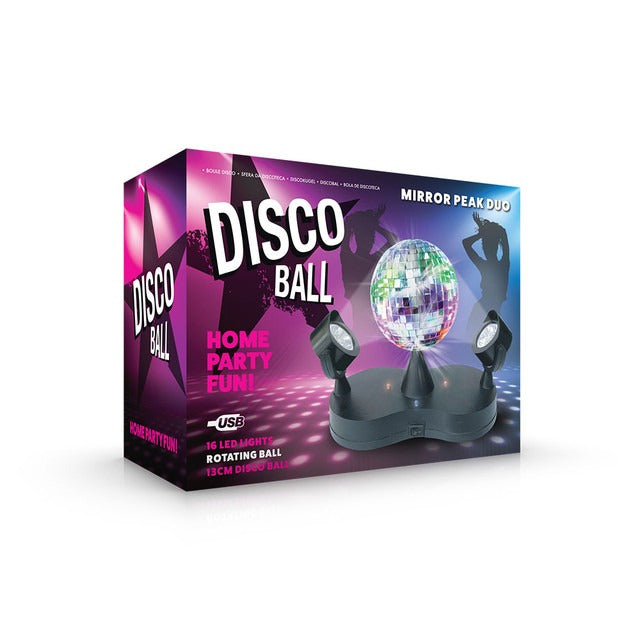 Portable Disco Ball, This portable disco ball has two multicoloured spotlights that you can aim at the ball, filling your room with more vibrance than a ‘70s disco. And, with the lights able to swivel up to 120 degrees, you can perfectly plan the lighting setup letting it strategically highlight the place where you want to light up It’s a mirror peak duo disco ball! Has 120 degree light spectrum Includes a USB power cable A great addition to any bedroom,sensory room or party Ball measures approx. 13 cm (in 