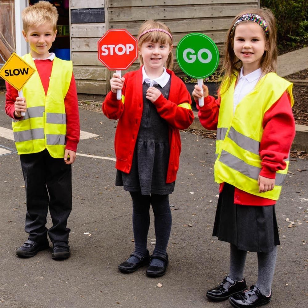 Pretend Play Traffic Signs Set of 3, The Pretend Play Traffic Signs Set of 3 is a fantastic addition to any playtime or learning environment, providing children with the opportunity to engage in imaginative play while also learning about road safety. This set includes three large handheld traffic command signs made from sturdy rigid plastic, ensuring they can withstand rough play and outdoor use. Each sign features a vibrant and visually appealing design that replicates real-life traffic signs, including a 