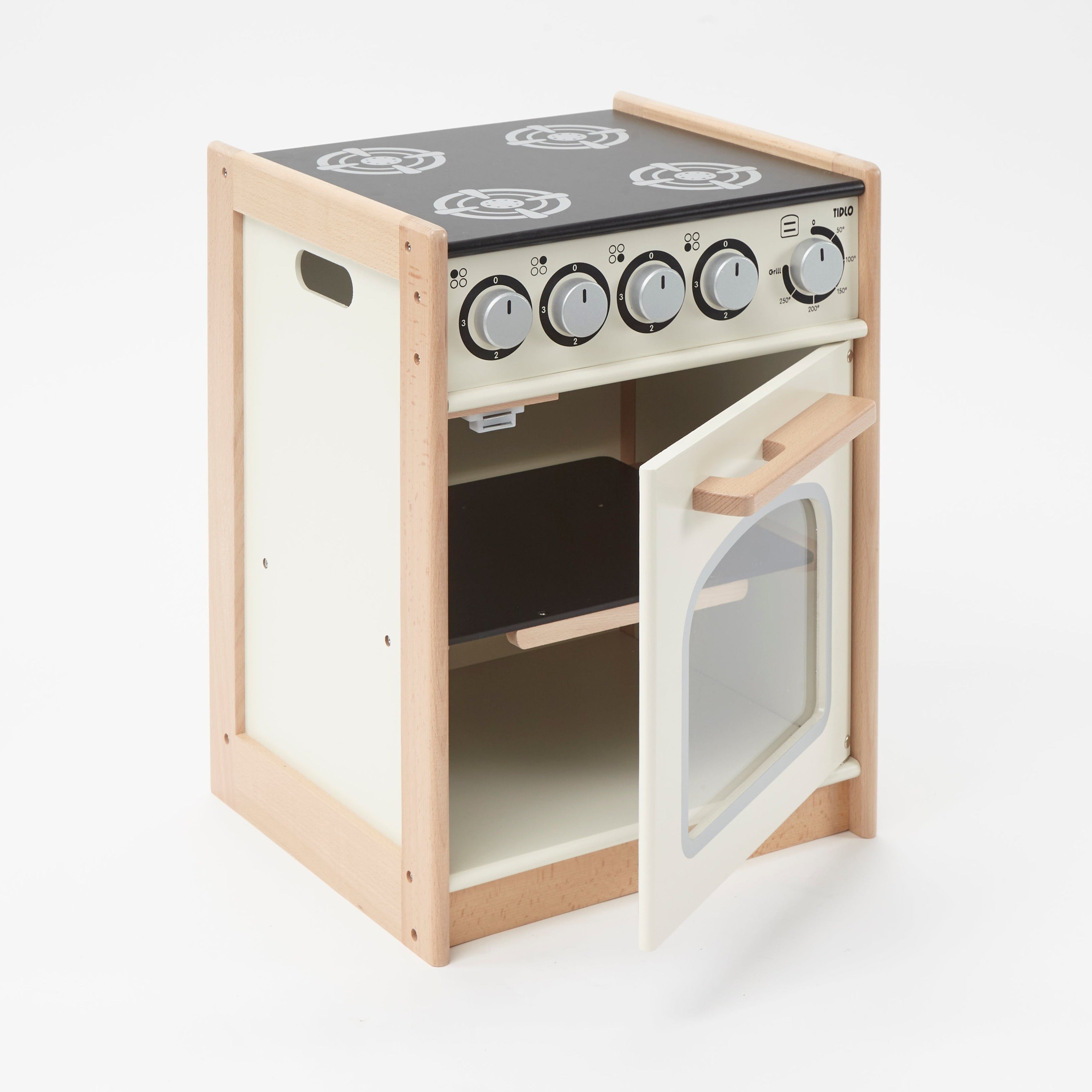 Pretend Play Wooden Cooker, Budding young chefs can cook up a storm with this sturdy wooden Cooker from Tidlo. With clicking dials, hob detailing and a removable oven tray, this cooker is a great addition to any pretend play kitchen. It even has a view hole in the door so little ones can keep an eye on their food to make sure that it doesn't burn! A great way to teach children about kitchen safety and how we cook different foods. Features carry handles. Encourages creative and imaginative role play. Combine
