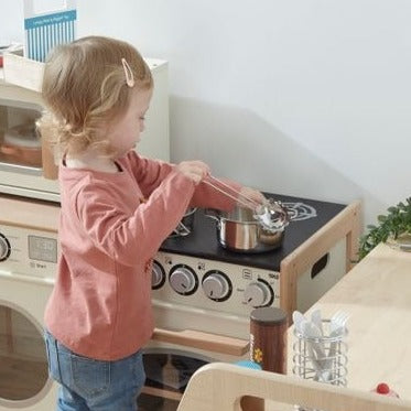 Pretend Play Wooden Cooker, Budding young chefs can cook up a storm with this sturdy wooden Cooker from Tidlo. With clicking dials, hob detailing and a removable oven tray, this cooker is a great addition to any pretend play kitchen. It even has a view hole in the door so little ones can keep an eye on their food to make sure that it doesn't burn! A great way to teach children about kitchen safety and how we cook different foods. Features carry handles. Encourages creative and imaginative role play. Combine