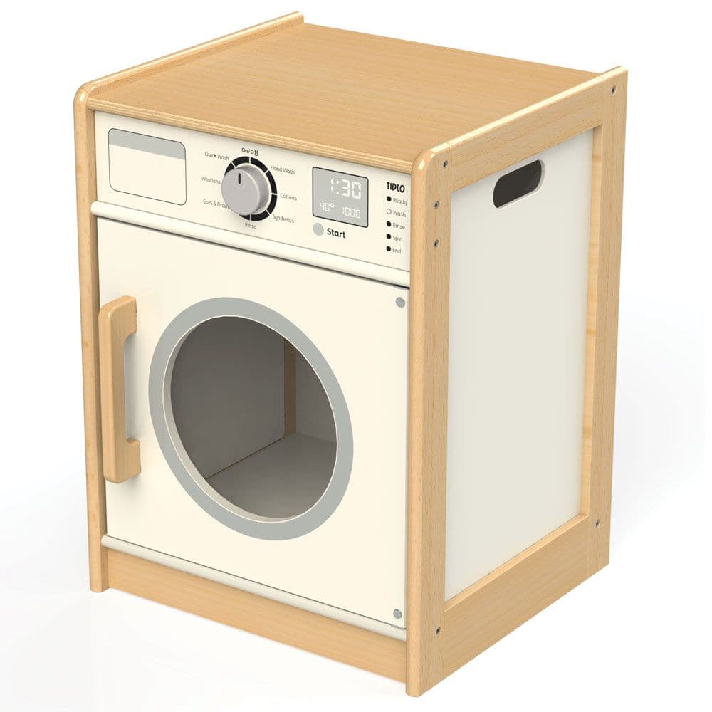 Pretend Play Wooden Washing Machine, Laundry time is fun when this brightly coloured wooden Washing Machine is part of the play kitchen. The Pretend Play Wooden Washing Machine includes a realistic drum plus two realistic dials that twist and even a soap loading drawer. The Pretend Play Wooden Washing Machine is a highly educational item that's ideal for interactive or solo role play sessions. Combine with other wooden kitchen appliances from Bigjigs Toys and create a full play kitchen! The Pretend Play Woo
