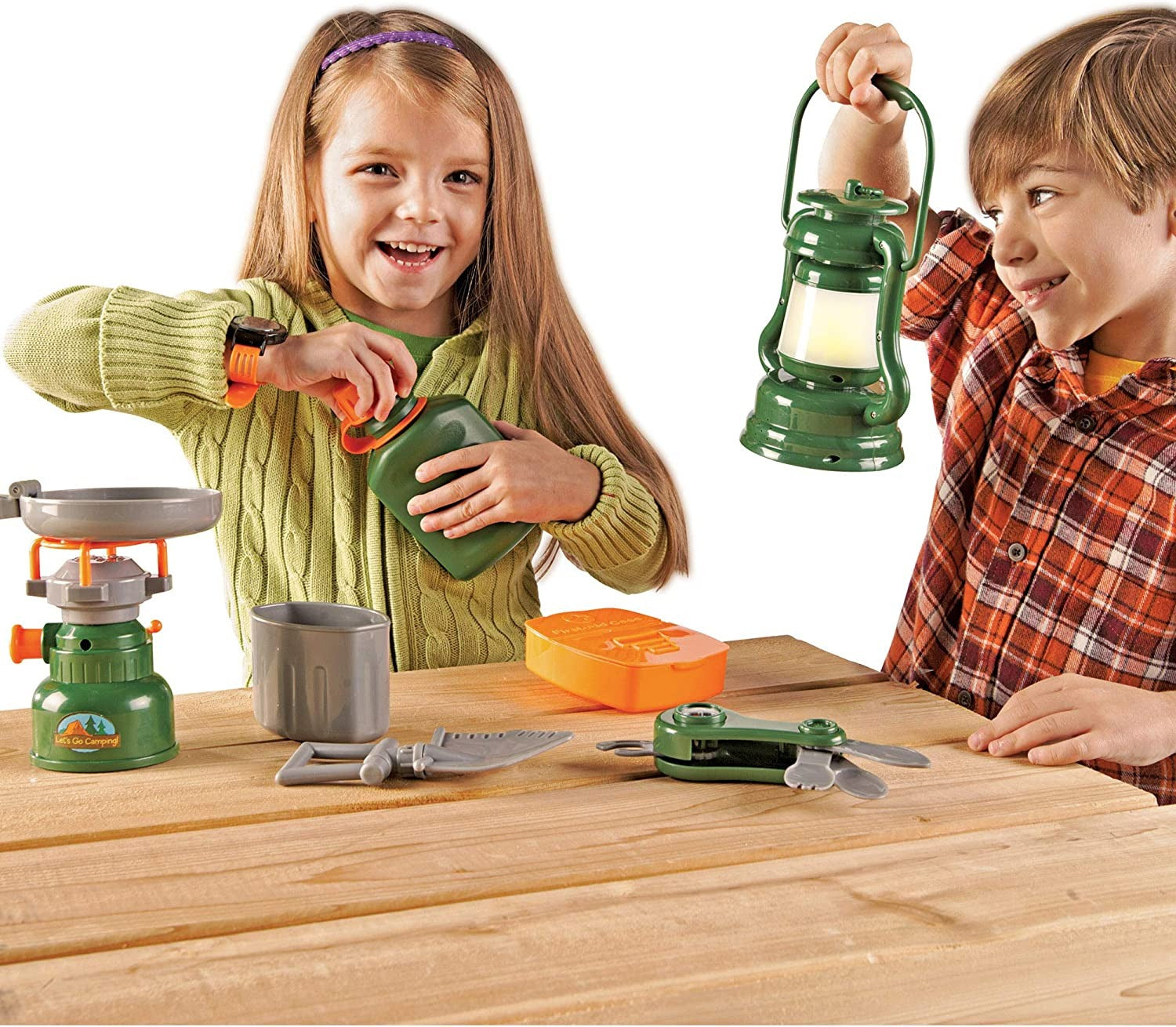 Pretend & Play® Camp Set, Get ready for a thrilling camping adventure with the Pretend & Play® Camp Set! This comprehensive set contains everything children need to ignite their imaginative play and learn valuable skills.With 9 exciting pieces, children can set up their own pretend campsite anywhere they desire. The highlight of the set is the unique light-up lantern and stove. These realistic features require 2 AA batteries (not included) and add an extra layer of authenticity to the camping experience. Ch