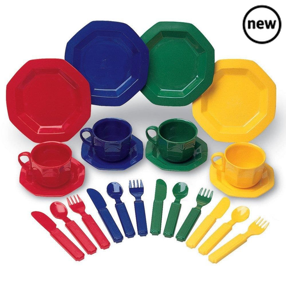 Pretend & Play® Dish Set, The Pretend & Play® Dish Set is a must-have for any imaginative playtime! This colourful and engaging dinner set is designed to enrich the role play experience in a home corner or play kitchen.With its wipe-clean surface, children can pretend to prepare and serve their favorite meals with ease. Imaginative play has never been so much fun! The set includes 24 brightly coloured dinner accessories, including plates, cups, utensils, and more. This comprehensive set allows children to f