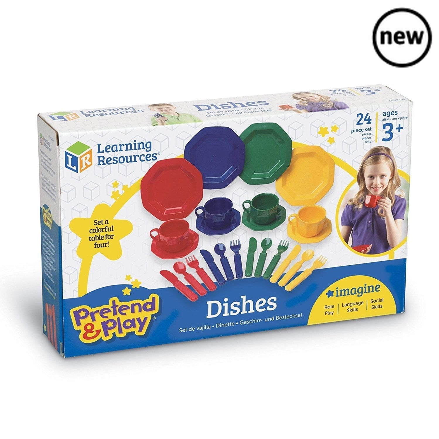 Pretend & Play® Dish Set, The Pretend & Play® Dish Set is a must-have for any imaginative playtime! This colourful and engaging dinner set is designed to enrich the role play experience in a home corner or play kitchen.With its wipe-clean surface, children can pretend to prepare and serve their favorite meals with ease. Imaginative play has never been so much fun! The set includes 24 brightly coloured dinner accessories, including plates, cups, utensils, and more. This comprehensive set allows children to f