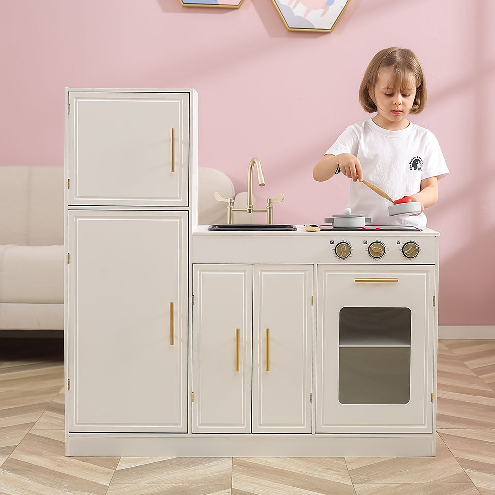 Pretty Pink Modern Kitchen W/ Light & Sound, Contemporary Nordic style kitchen for little chefs. Give your guests a wonderful meal with this great kitchen playset! The kitchen features a spacious play top with an electric stove. The red stove top will light up and make bubbling sounds Children can prepare the meals for family and friends, and enjoy the fun of cooking together. It also helps to understand the concept of making food and greatly improves imitation ability and hands-on ability. The cabinet unde