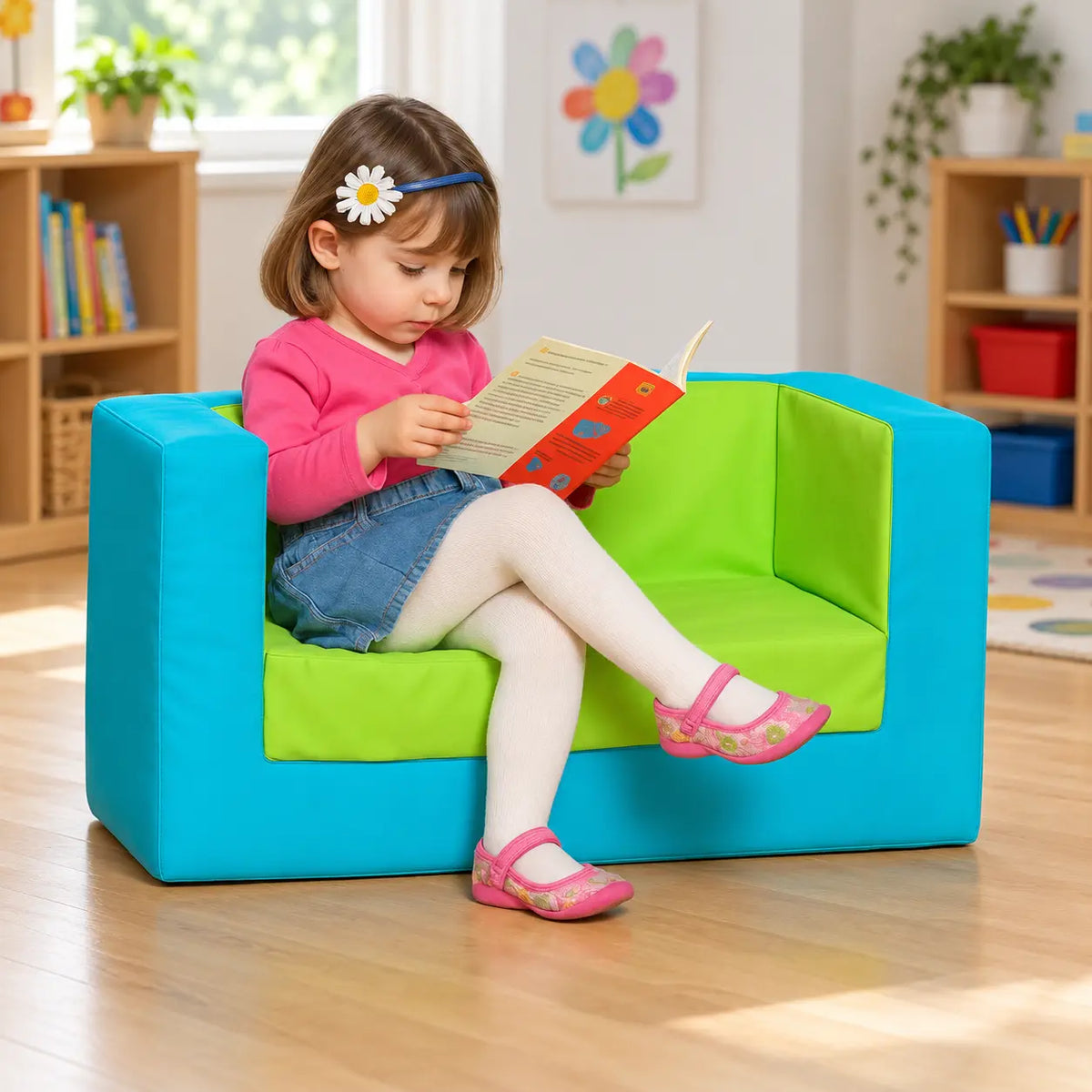 Primary Cube Sofa Lime and Aqua natural UK early years lifestyle image 1