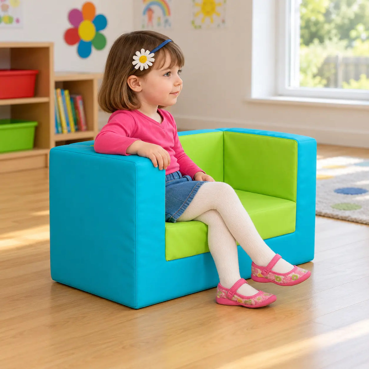 Primary Cube Sofa Lime and Aqua natural UK early years lifestyle image 2