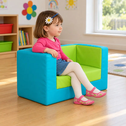 Primary Cube Sofa Lime and Aqua natural UK early years lifestyle image 2