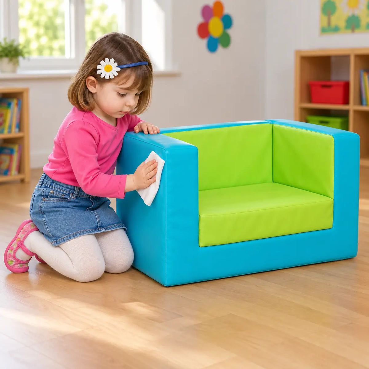 Primary Cube Sofa Lime and Aqua natural UK early years lifestyle image 4