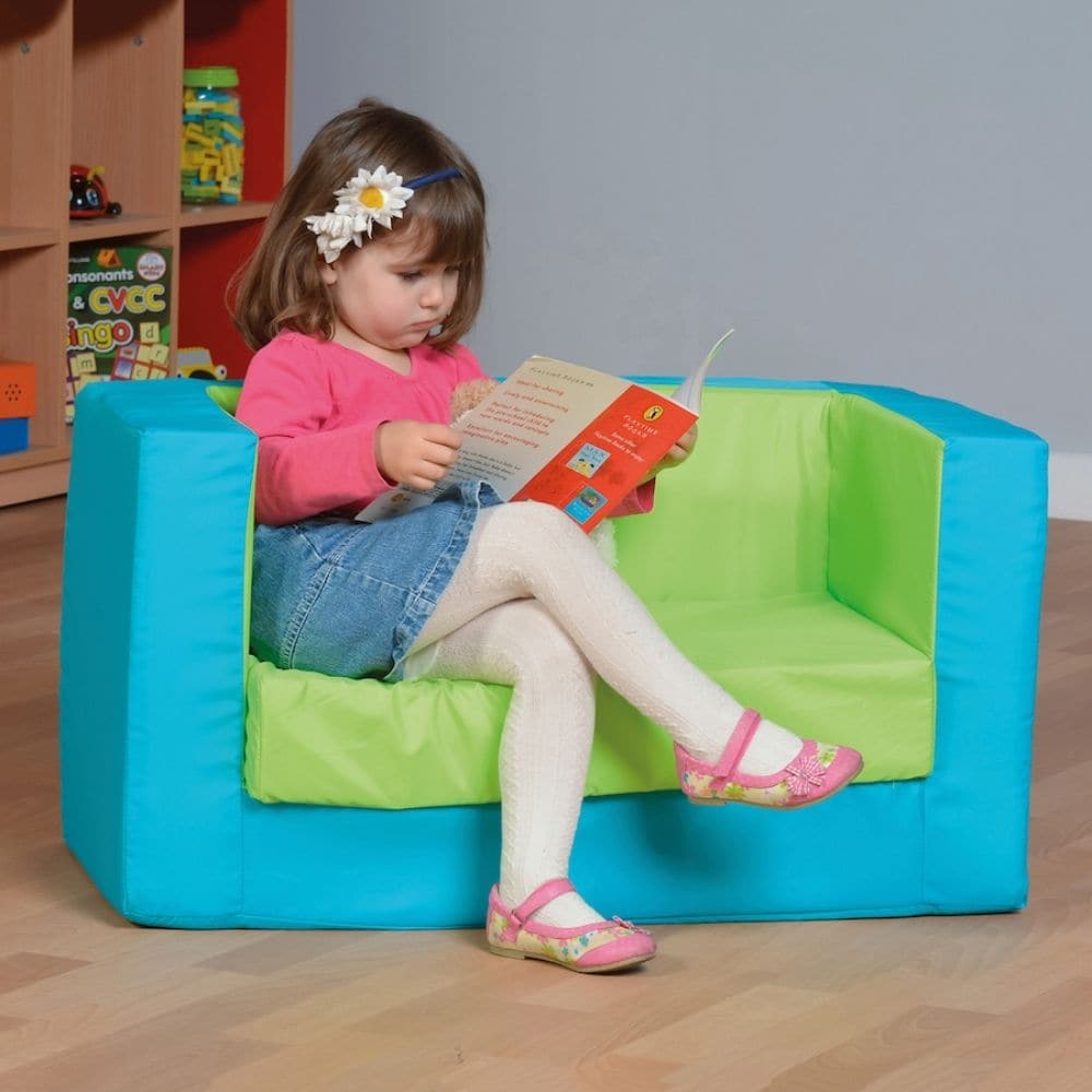 Primary Cube Sofa, The Primary Cube Sofa is ideal for lots of everyday uses such as reading, home corner and even soft play. The Primary Cube Sofa is easy to move, lightweight, semi rigid foam sofa. The Primary Cube Sofa is easy to move and is a comfortable and stylish addition to any home,early years or school setting,colourful and bold this Primary Cube Sofa really draws attention. The Primary Cube Sofa is made to order and made using English manufacturing processes for quality. Flame retardant to UK stan