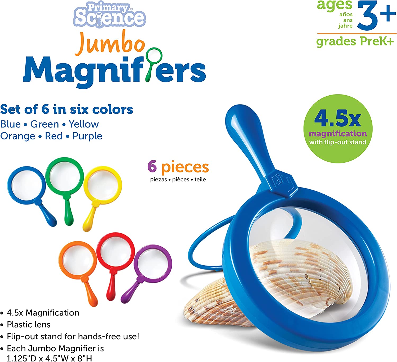 Primary Science Jumbo Magnifiers Set of 6, Give your children hours of garden exploration with these colourful and durable Primary Science Jumbo Magnifiers Set of 6. The Primary Science Jumbo Magnifiers Set of 6 are Extra-large jumbo magnifiers, perfect for small hands The Primary Science Jumbo Magnifiers Set of 6 are perfect for taking a closer look at plants, animals and insects Built in stand for hands free viewing Each magnifier measures 20cm Each magnifier's plastic lens measures approx.110mm 4.5x magn