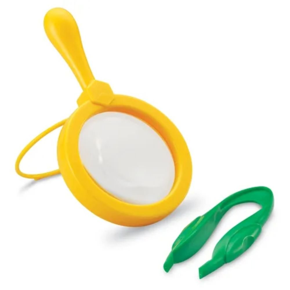 Primary Science Magnifier & Tweezers, The Primary Science Magnifier & Tweezers is a chunky combo set for children to pick up and examine the world around them. The Learning Resources Jumbo Magnifier has a plastic lens which is perfect for younger children, as it won’t smash if dropped. The lens has a magnification of x4. 5 and comes with a pop-out stand for hands-free viewing. The accompanying Jumbo Tweezer has ergonomic depressions to encourage children to grip the tweezers properly, great for developing e
