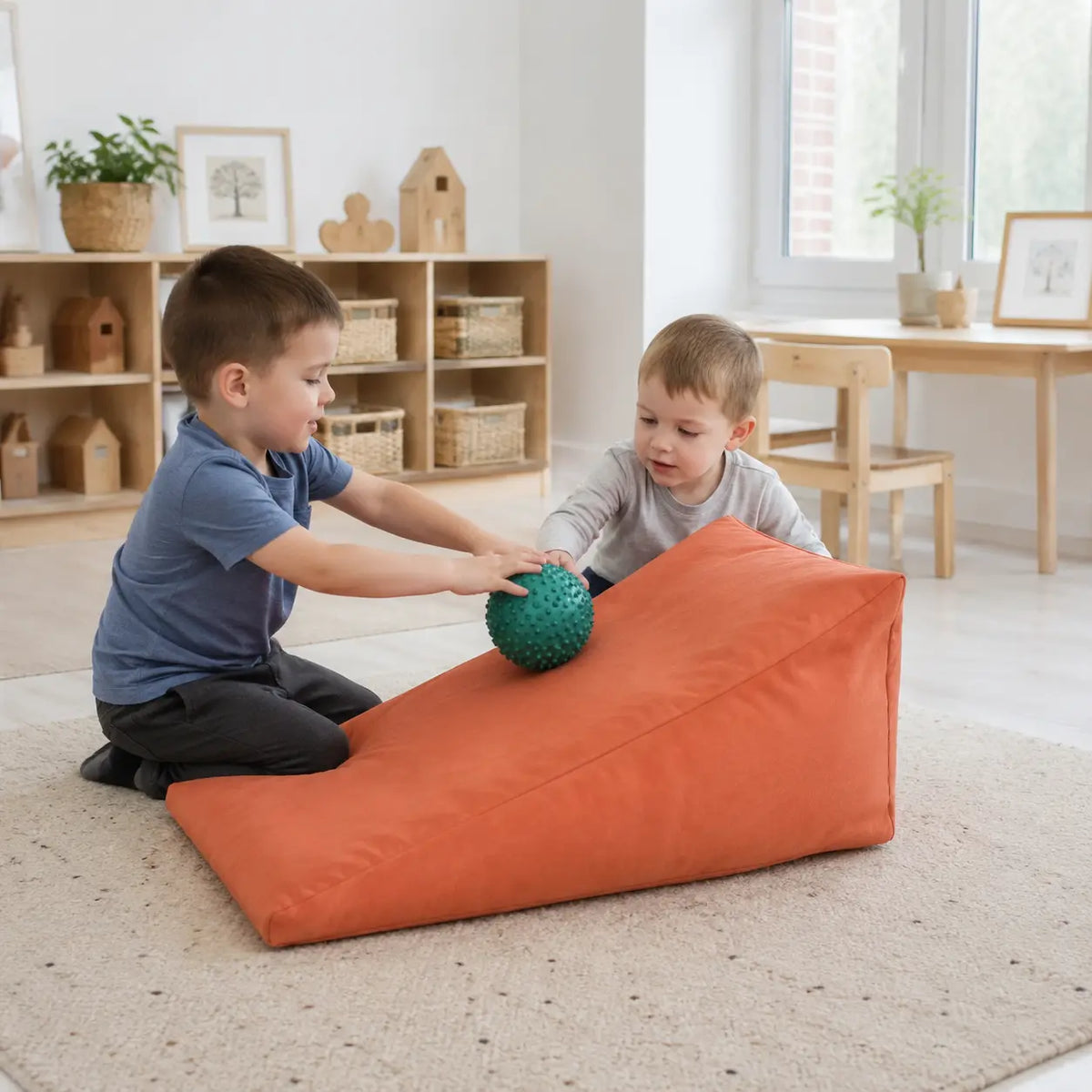Prism Support Beanbag sensory ball ramp play in a naturally lit early years nursery