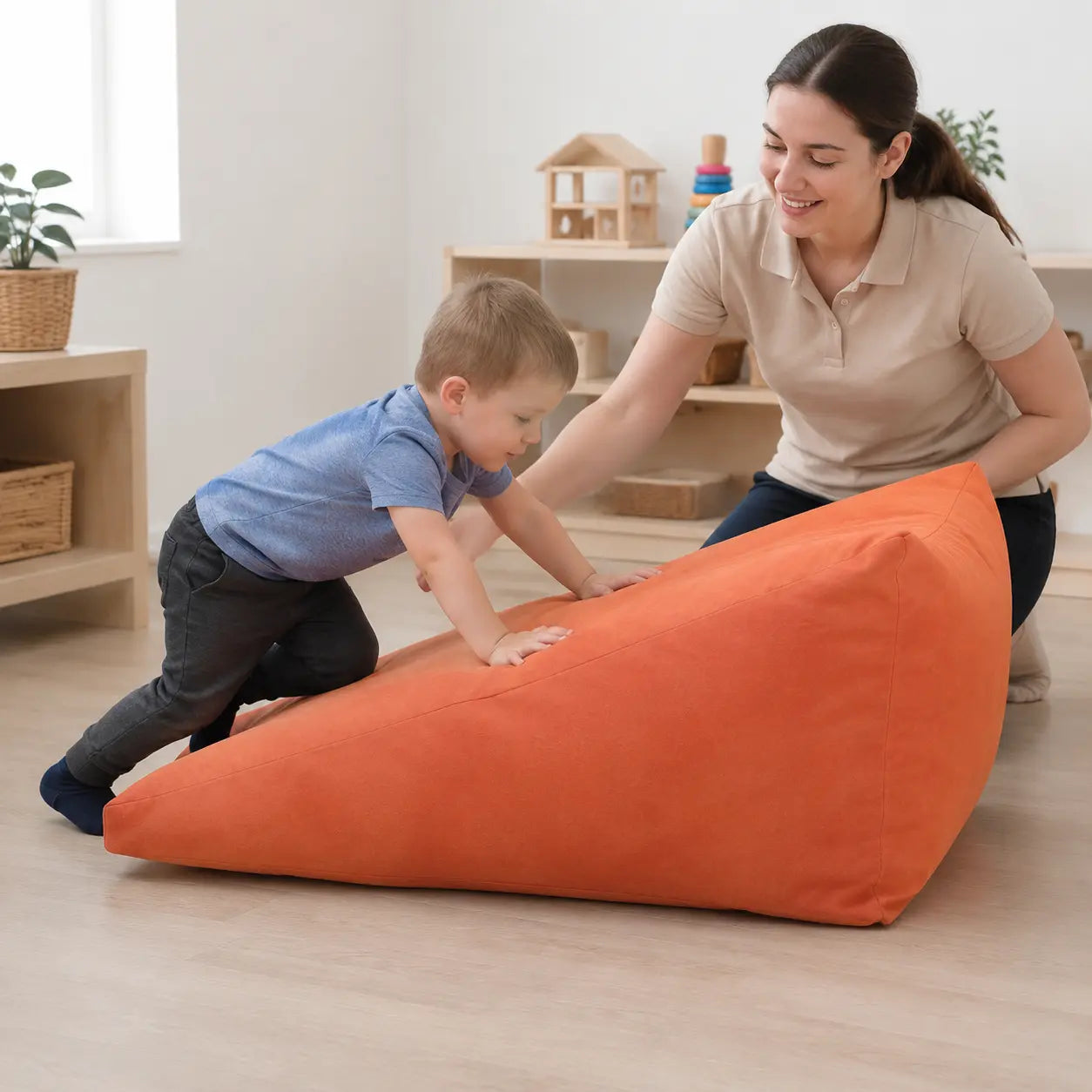 Prism Support Beanbag supervised climbing in a naturally lit early years nursery