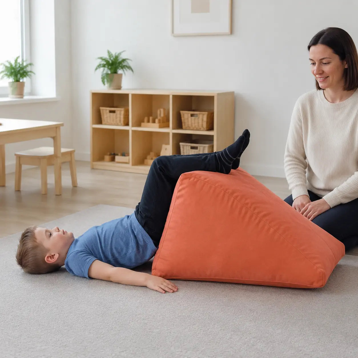 Prism Support Beanbag supported body awareness in a naturally lit early years nursery