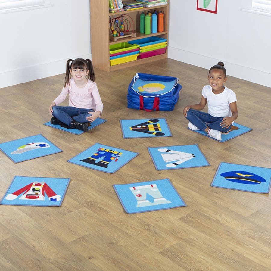Professions Mini Placement Carpets with holdall, This pack of 40 Professions Mini Placement Carpets offers an opportunity to challenge stereotypes and help children discuss professions that they may recognise, aspire to or interact with. The Professions Mini Placement Carpets with holdall is great for helping children identify adults who may help or interact with them. Set of 40 placement mats, allow children to mix up each character and is a fun way of exploring professions. Supplied with a free of charge 
