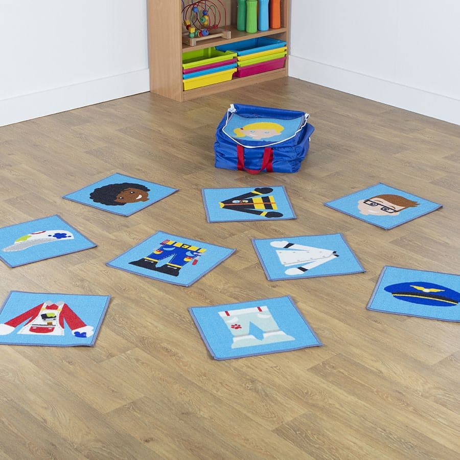 Professions Mini Placement Carpets with holdall, This pack of 40 Professions Mini Placement Carpets offers an opportunity to challenge stereotypes and help children discuss professions that they may recognise, aspire to or interact with. The Professions Mini Placement Carpets with holdall is great for helping children identify adults who may help or interact with them. Set of 40 placement mats, allow children to mix up each character and is a fun way of exploring professions. Supplied with a free of charge 