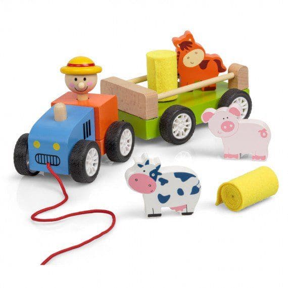 Pull along Tractor Toy, Let little imaginations roam free with this charming Wooden Pull Along Tractor set, complete with animal figures and hay bales. Perfectly crafted for tiny hands, this set is not just a toy, but a doorway to endless farmyard adventures. Pull along Tractor Toy Features High-Quality Materials: Made from durable wood and featuring sturdy plastic wheels, this set is designed to last. Even the hay bales are made from rolled felt for a tactile experience. Detachable Trailer: Need to unhook 