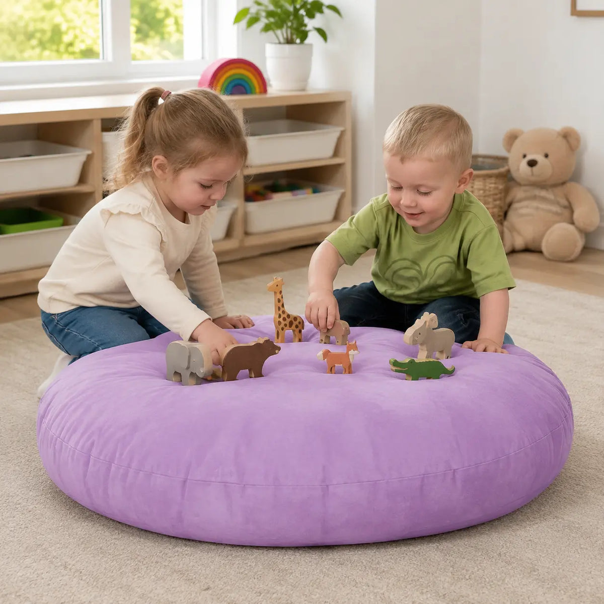 Purple Large Round Floor Cushion imaginative animal play in a naturally lit nursery
