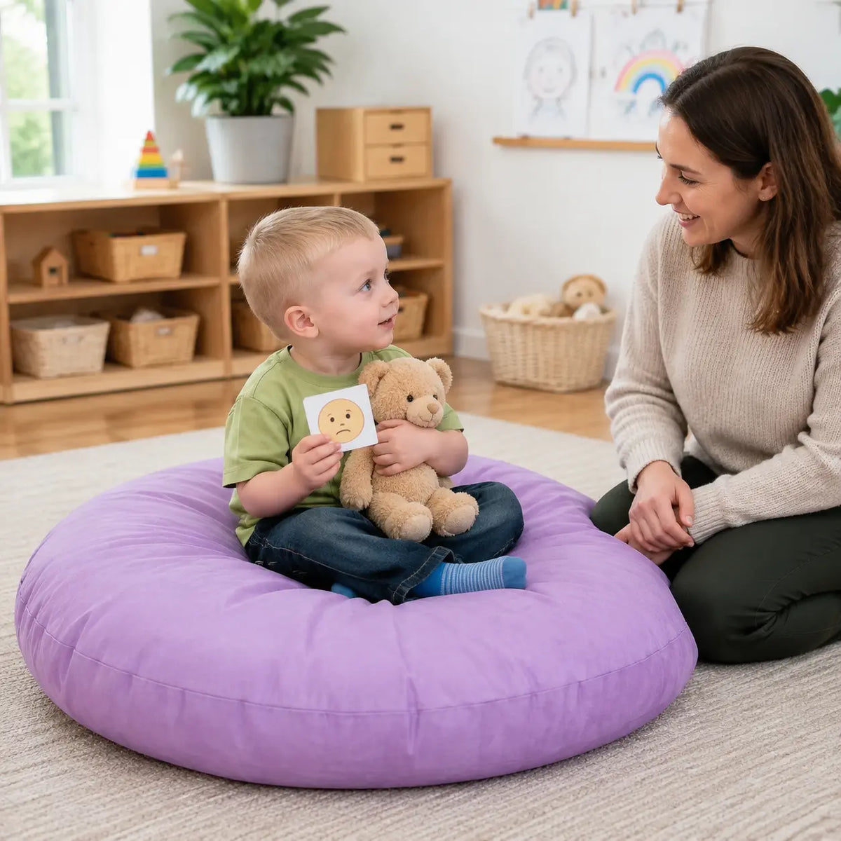 Purple Large Round Floor Cushion calming feelings activity with an educator