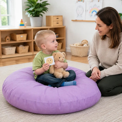 Purple Large Round Floor Cushion calming feelings activity with an educator