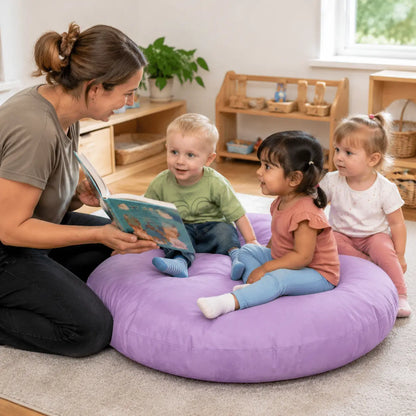 Purple Large Round Floor Cushion group story time in a naturally lit nursery