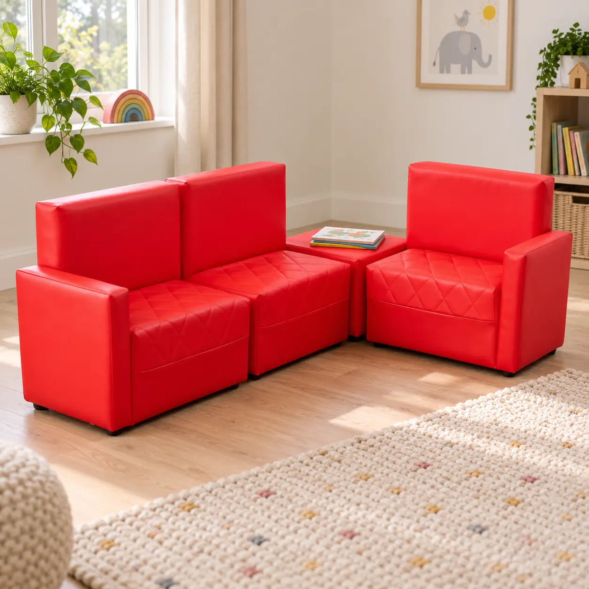 Red PVC Reading Corner Sofas in a home playroom reading corner